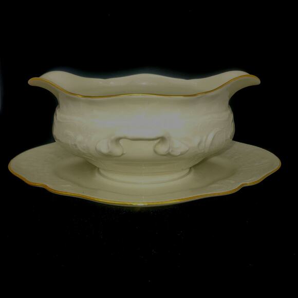 ROSENTHAL CLASSIC GRAVY BOAT WITH ATTACHED UNDERPLATE IVORY GOLD BAND  GERMANY - Picture 4 of 7